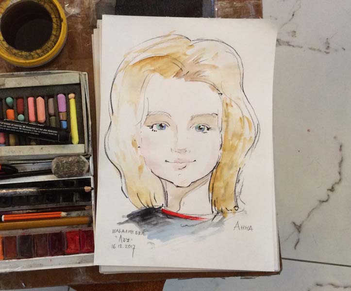 Шарж Анны нарисованный Мишелем на свадьбе Минск
